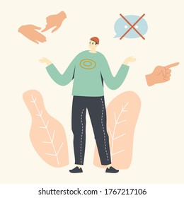 Male Character in Hipster Clothing Use Deaf Gesture Language Using Only Hand Gestures with No Sounds. Volunteer Using International Communication without Words. Linear Vector Illustration