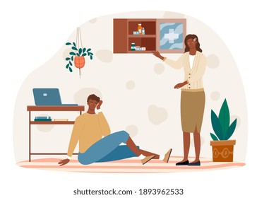 Male character hit his head and sat on floor while woman is searching first aid kit to help. Female character is looking for medication for injured man. Flat cartoon vector illustration