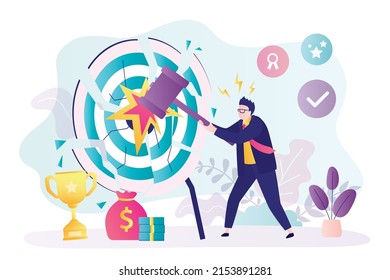Male character hitting center of target with hammer. Concept of targeting and leadership. Man successfully completes mission. Stubborn businessman thinks about success and profit. Vector illustration