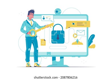 Male character hold key symbol for access vector illustration. Open lock to personal info or account flat style. Safety, protection concept