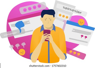 Male character hold mobile phone, online cyber bullying isolated on white, flat vector illustration. Modern technology, web man harassment. Social abuse unstable emotional state, dangerous comment.