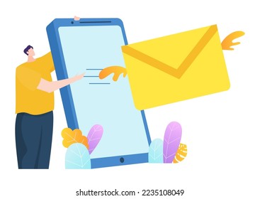 Carácter masculino sostiene marketing de publicidad de correo de teléfono móvil, aplicación postal de smartphone ilustración vectorial plana, aislado en blanco.