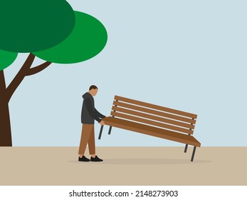 Male character holding a bench outdoors