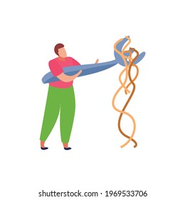 Male character holding big fork with noodles flat icon vector illustration
