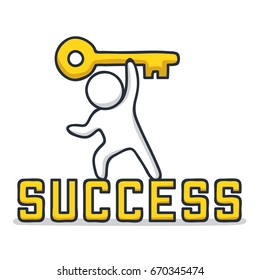 A male character holding a big key above his head, Success illustration concept