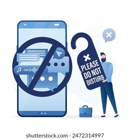 Male character holding big sign - Do not disturb. Disabling notifications on smartphone, silence mode, information detox, person without social networks and chats. Flat vector illustration 