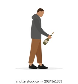 Male character holding a bottle in his hand, from which a cork flies out, on a white background