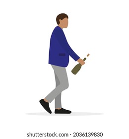 Male character holding a bottle in his hand, from which a cork flies out, on a white background