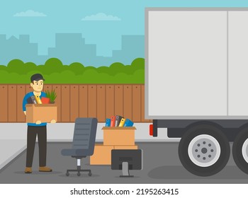 Male Character Holding Box Of Belongings. Packing And Loading Moving Truck. Side View Of A Trailer. Flat Vector Illustration Template.