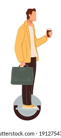 Male character holding cup of coffee going home or commuting to work. Modern means of traveling and transportation in city. Businessman with briefcase on hoverboard or scooter. Vector in flat style