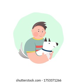 Male character is holding a dog in his arms. Friendship. Flat vector illustration. Template design for poster, card, web, etc. 