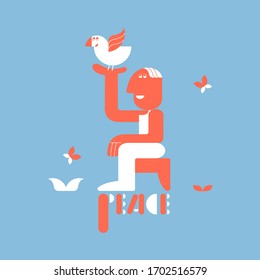 Male character holding dove of peace on hand. World peace concept. Flat vector illustration. Template design for poster, card, etc.  International Day of Peace 