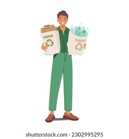 Male Character Holding Eco Bags With Sorted Paper And Plastic Waste. Man Promoting Sustainability And Environmental Consciousness Isolated White Background. Cartoon People Vector Illustration