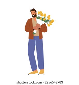 Male Character Holding Flower Bouquet Isolated on White Background. Man Walk on Dating with Girl, Meet Someone in Airport or Prepare Gift for Holiday Celebration. Cartoon People Vector Illustration