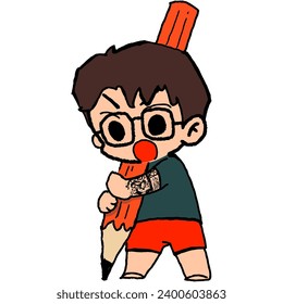 Male character holding a giant pencil
