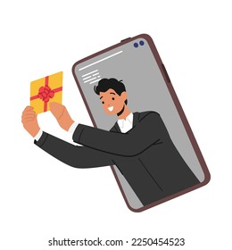 Male Character Holding Gift Coupon on Huge Smartphone Screen, Social Spam, Loyalty Program, Bonus, Profits and Ads Concept with Business Man Offering Gift to Clients. Cartoon Vector Illustration