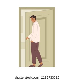 Male character holding handle and opening doors, entering apartment or building. Man walking in and pushing doors. Vector in flat cartoon illustration