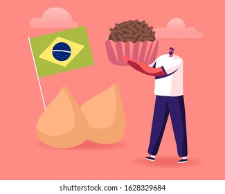 Male Character Holding Huge Brazilian Truffle Candy Brigadeiro with Brazil National Flag and Chicken Coxinhas Stand beside. Traditional Food of Latin America Concept. Cartoon Flat Vector Illustration