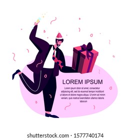 Male Character Holding Huge Gift Box Wrapped with Ribbon Present for Birthday or Christmas, New Year Holidays. Glass of Champagne Celebrate. Festive Shopping Flyer Advertising Flat vector illustration