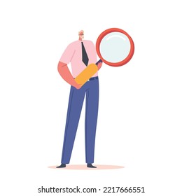 Male Character Holding Huge Magnifying Glass. Concept of Information Research, Frequently Asked Questions, Query, Investigation, Man Looking Through Magnifier. Cartoon Vector Illustration