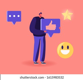 Male Character Holding Huge Thumb Up Sign in Hands with Different Social Media Icons Around. Follower Giving Like to Media Blogger or Post in Internet Network. Cartoon Flat Vector Illustration