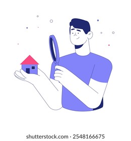 Male Character Holding Magnifying Glass And Small House In Flat Vector Illustration Symbolizing Real Estate Search, Property Inspection, And Housing Market, Isolated On White Background.
