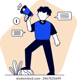 A male character holding a megaphone to announce important news. Flat vector illustration