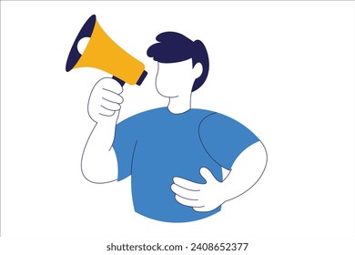 Male character is holding a megaphone to make a promotion