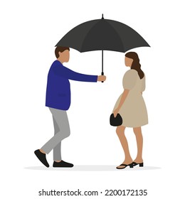 Male character holding an open umbrella over a female character on a white background