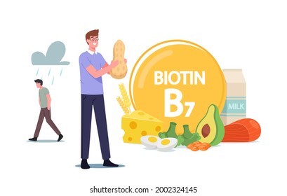 Male Character Holding Peanut Eating Healthy Food and Natural Ingredients, Man Applying Biotin, Vitamin B7 for Good Health and Dieting, Pharmaceutical Collagen. Cartoon People Vector Illustration