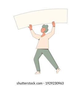 Male character holding placards isolated on white background. Student standing with blanks. Young man in casual clothes with banner taking part in parade, picket. 