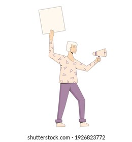 Male character holding placards and megaphone isolated on white background.  Young caucasian man in casual clothes with banner taking part in parade, picket. Social activism. Vector line illustration.
