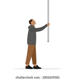 Male character holding a rope hanging from above, isolated on white background