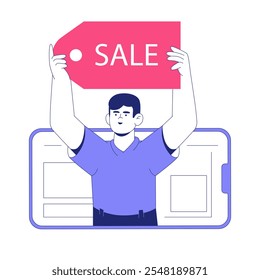 Personagem Masculino Segurando Uma Etiqueta De Venda Em Ilustração De Vetor Plano Simbolizando Descontos De Compras, Promoções E Varejo On-Line, Isolado Em Fundo Branco.