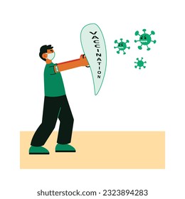 Male character holding shield protecting himself from virus. Symbol of vaccination, personal protection. Attack of viral cells, bacteria. Process of immunization against Covid 19