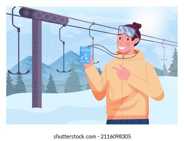 Male character holding a skipass card. Man in outwear standing next to ski lift. Ski resort infrastructure, winter extreme sport activities. Flat vector illustration