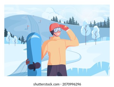 Male character holding a snowboard. Snowboarder with a snowy hills and forest scenery. Man snowboarding, winter extreme sport activities. Flat vector illustration