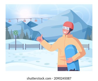 Male character holding a snowboard. Snowboarder with a snowy hills and forest scenery. Man snowboarding, winter extreme sport activities. Flat vector illustration