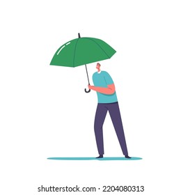 Male Character Holding Umbrella Isolated on White Background. Concept of Rainy Weather, Insurance Protection, Cyber Attack Security, Secure Business or Investment. Cartoon People Vector Illustration