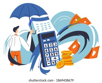 Male character holding umbrella to safe budget and saving, money and financial assets. Calculator with coins and banknotes, calendar and water waves. Banking and getting profit. Vector in flat style