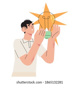 Male character holds light bulb in his hands. Concept of new idea, thinking, innovation, solution for web or ui design. Happy man come up with brilliant creative idea for project, business, start up.