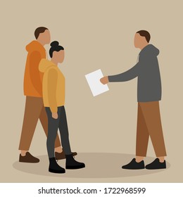 Male character holds out a sheet of paper to passers-by