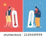 Male character in hot and cold weather with outdoor thermometer. Person sweating or freezing, summer vs winter season vector illustration. Extreme weather conditions, outside temperature