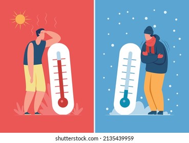 Male character in hot and cold weather with outdoor thermometer. Person sweating or freezing, summer vs winter season vector illustration. Extreme weather conditions, outside temperature