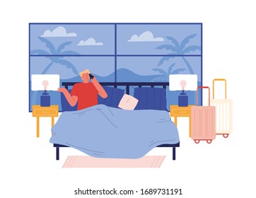 Male Character Hotel Lodger Lying in Bed with Exotic Window View Call to Reception Order Breakfast in Suit. Man Tourist Summer Time Vacation. Room Service Ordering Concept. Cartoon Vector Illustration