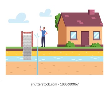 Male Character At House Front Yard Holding Test Tube With Aqua Sample Testing Groundwater Or Artesian Water For Well Drilling, Resource Extraction Cross Section Concept. Cartoon Vector Illustration