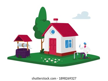 Male Character At House Front Yard Holding Test Tube With Aqua Sample Testing Groundwater Or Artesian Water For Well Drilling, Resource Extraction Cross Section Concept. Cartoon Vector Illustration