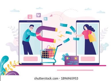 Male character with huge magnet attracts money from customer. Businessman attracting potential customers. Concept of customer retention and social media marketing. Trendy flat vector illustration