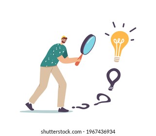 Male Character with Huge Magnifier in Hands Finding Answer Walking to Huge Light Bulb. Businessman Search Creative Idea, Business Vision, Educational Insight or Motivation. Cartoon Vector Illustration