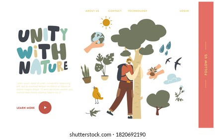 Male Character Hugging Tree Bark. Landing Page Template. Unity with Nature, Save Planet and Ecology Protection. Traveler or Environmentalist Enjoying Connection with Flora. Linear Vector Illustration